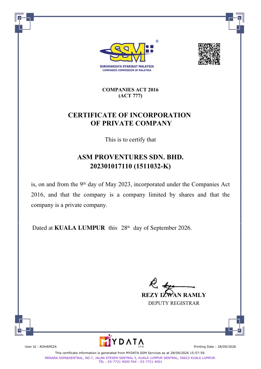 SSM company certificate for ASM Proventures.